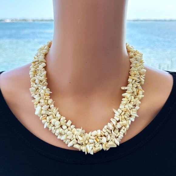 Various Natural Stone Necklace Sea Shell Chips Neutral Tones Cream - Picture 2 of 3